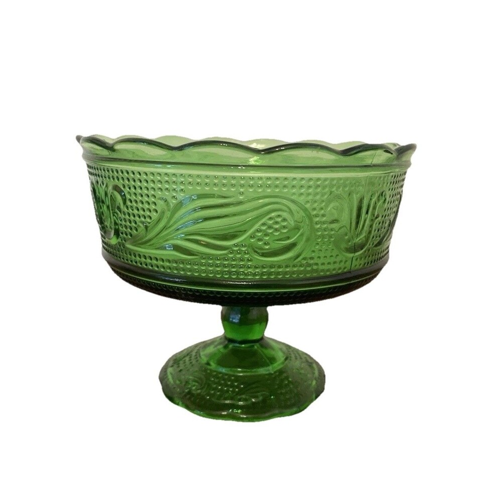 Vintage E.O. Brody Co. Emerald Green Fruit Pedestal Glass Bowl Candy Dish